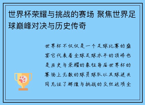 世界杯荣耀与挑战的赛场 聚焦世界足球巅峰对决与历史传奇