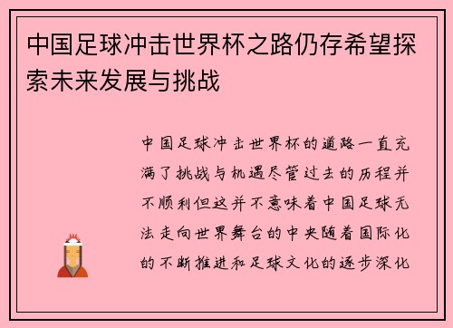 中国足球冲击世界杯之路仍存希望探索未来发展与挑战