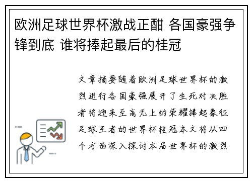 欧洲足球世界杯激战正酣 各国豪强争锋到底 谁将捧起最后的桂冠